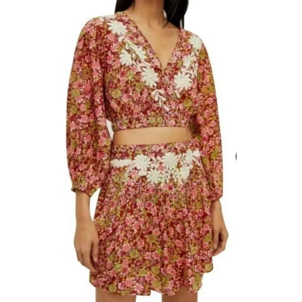 NWOT Free People Red Nyomi Embroidered Floral Crop Top Mini Skirt Suit